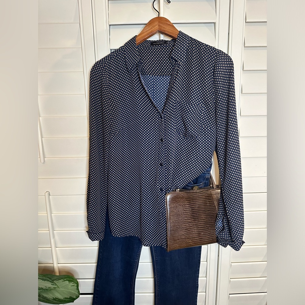 Limited blue tan polka dot button down dress blouse